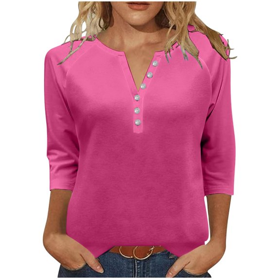 Pxiakgy Women's 3/4 Sleeve T-Shirts V Neck Buttons Tops Basic Tee Solid Color Blouse Loose Fit Pullover Henley Top Fall Shirts 2025 Summer Printed Top Buttons V Neck T Shirt Hot Pink Xl