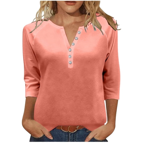 Pxiakgy Women's 3/4 Sleeve T-Shirts V Neck Buttons Tops Basic Tee Solid Color Blouse Loose Fit Pullover Henley Top Fall Shirts 2025 Summer Printed Top Buttons V Neck T Shirt Orange Xl