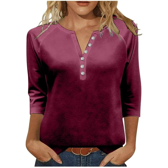 Pxiakgy Women's 3/4 Sleeve T-Shirts V Neck Buttons Tops Basic Tee Solid Color Blouse Loose Fit Pullover Henley Top Fall Shirts 2025 Summer Printed Top Buttons V Neck T Shirt Brick Red Xl