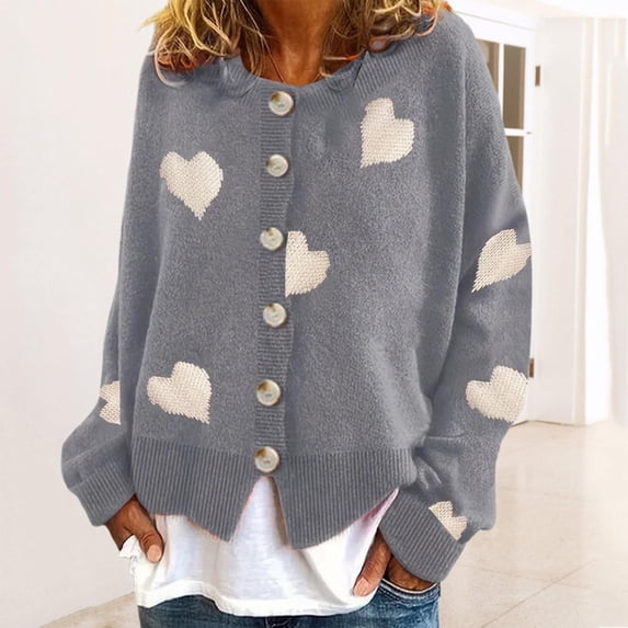 Pxiakgy Women's Autumn And Winter New Love Printing Knitted Long Sleeve Cardigan Coat Grey3 + XL