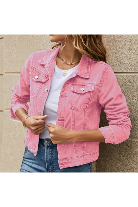 Women's Basic Solid Color Button Down Denim Cotton Jacket With Pockets Denim Jacket Coat Pink M
