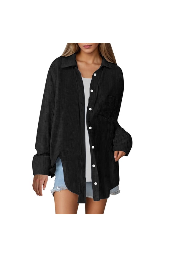 Women's Button Down Shirts Daily Solid Shirts Tops Workout Blouse Loose Fit Shirt Oversize Casual Boyfriend Long Sleeve Button Up Shirt Plus Size Blouses Tops with Pocket Black Xxl