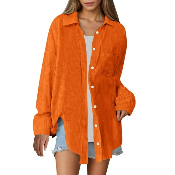 Pxiakgy Women's Button Down Shirts Daily Solid Shirts Tops Workout Blouse Loose Fit Shirt Oversize Casual Boyfriend Long Sleeve Button Up Shirt Plus Size Blouses Tops with Pocket Orange 3Xl