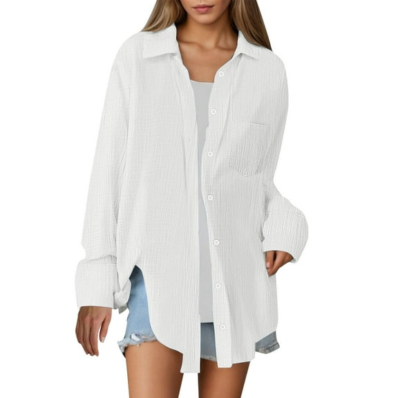 Pxiakgy Women's Button Down Shirts Daily Solid Shirts Tops Workout Blouse Loose Fit Shirt Oversize Casual Boyfriend Long Sleeve Button Up Shirt Plus Size Blouses Tops with Pocket White M