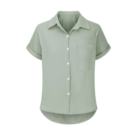 Pxiakgy Women's Button Down Shirts Slim Fit Short Sleeve Dress Shirts Wrinkle-Free Solid Work Blouse Batwing Sleeve Pocket Patched Shirt Casual Work T Shirts Double Layer Wrinkled Fabric