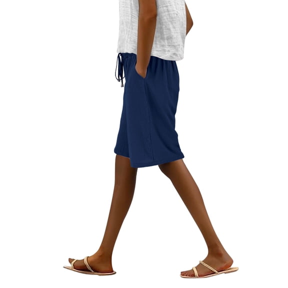 Pxiakgy Women's Casual Elastic Waist Comfy Knee Length Curling Bermuda Shorts with Pockets Womens Linen Pants Summer Womens Linen Shorts Bermuda Shorts for Women Casual Solid Side Pockets Pants Short
