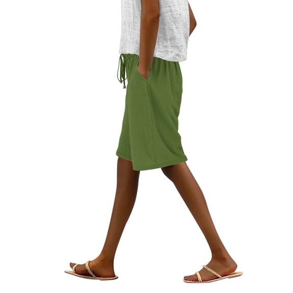 Pxiakgy Women's Casual Elastic Waist Comfy Knee Length Curling Bermuda Shorts with Pockets Womens Linen Pants Summer Womens Linen Shorts Bermuda Shorts for Women Casual Solid Side Pockets Pants Short