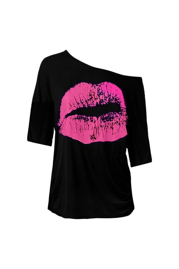 Women's Casual Off Shoulder Tops Lips Print T Shirts Nostalgic Big Lip Print 80S Clothing Shoulder Sleeved T Shirt Top 80S 90S Neon Outfit Short Sleeve Oversized Party Costumes Pink S
