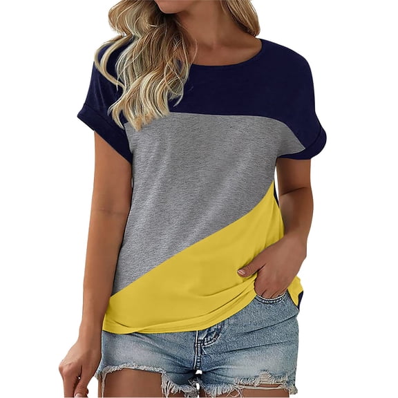 Pxiakgy Women's Color Block Short Sleeve Tops Casual Summer T-Shirt Loose Tops T Shirts Color Blocked Sleeves Color Blocked T Shirts Summer T Shirts Round Neck Causal Fashion Basic Tee Yellow M