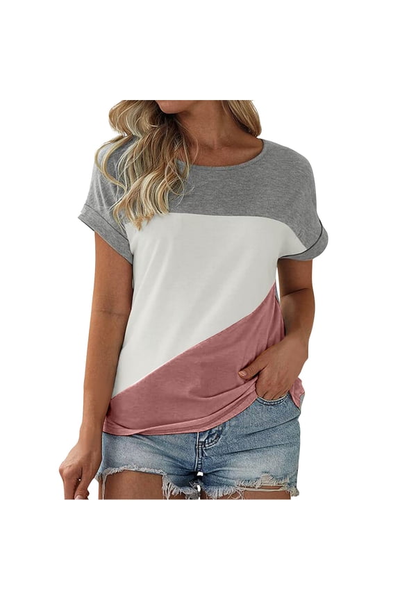 Women's Color Block Short Sleeve Tops Casual Summer T-Shirt Loose Tops T Shirts Color Blocked Sleeves Color Blocked T Shirts Summer T Shirts Round Neck Causal Fashion Basic Tee Rose Gold Xl
