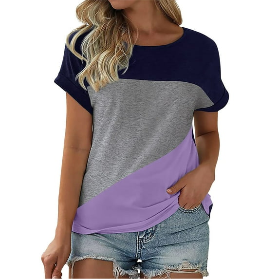 Pxiakgy Women's Color Block Short Sleeve Tops Casual Summer T-Shirt Loose Tops T Shirts Color Blocked Sleeves Color Blocked T Shirts Summer T Shirts Round Neck Causal Fashion Basic Tee Purple Xxl