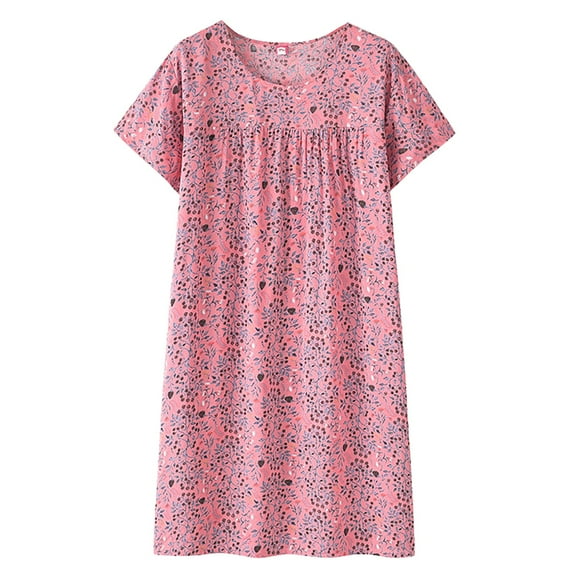 Pxiakgy Women's Cotton Nightgown Sleepwear Short Sleeves Shirt Casual Print Sleepdress Sleep Dress for The Elderly Comfy Loose Fit Pajamas Cotton Sleep Dress for Middle Loose Sleepwear A One Size