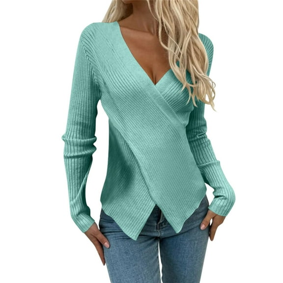 Pxiakgy Women's Deep V Neck Criss Cross Front Wrap Sweaters Long Sleeve Fitted Ribbed Knit Sweater Pullover Tops Women Fashion V Neck Long Sleeve Solid Color Pullover Sweater Knitting Top Blue M