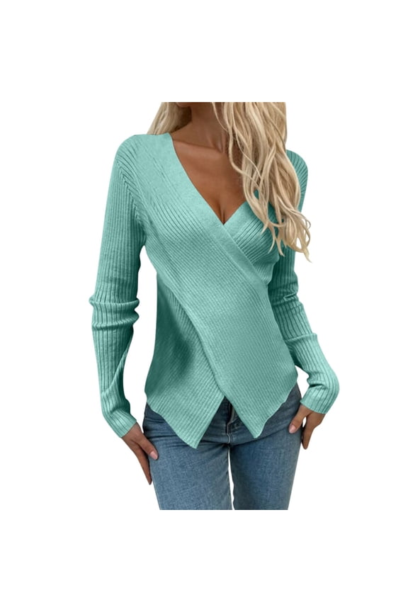 Women's Deep V Neck Criss Cross Front Wrap Sweaters Long Sleeve Fitted Ribbed Knit Sweater Pullover Tops Women Fashion V Neck Long Sleeve Solid Color Pullover Sweater Knitting Top Blue M