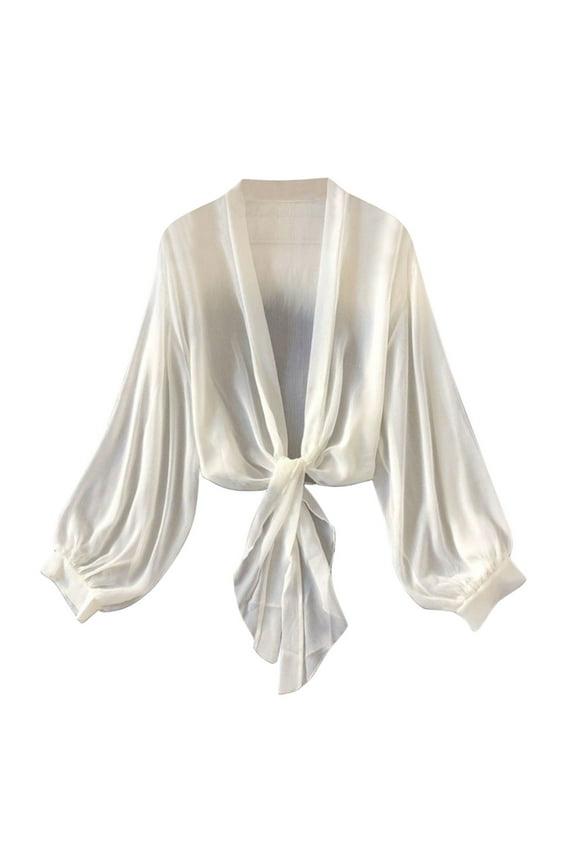 Women's Deep V Neck Long Sleeve Tie Front Knot Chiffon Wrap Crop Top Blouse Swimwear Cover Ups Tops Self Tie Swimsuit Bikini Bathing Suit Long Sleeve Soft Beach Shirt for Women White M