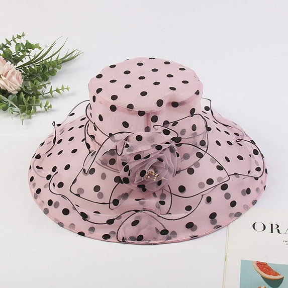 Pxiakgy Women's Derby Fascinator Hat Organza Church Polka Dot Wedding Tea Party Hats Wide Brim Sun Hat Church Dress Hat for Women Black Fascinators Bridal Tea Wedding Hat Wide Brim Pink M