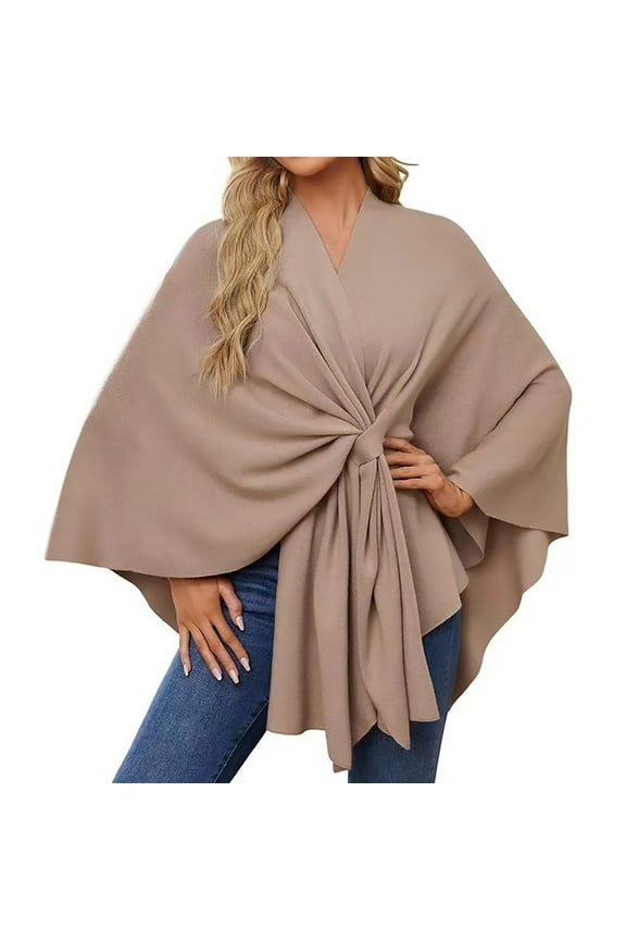 Women's Elegant Shawl Wraps Soft Open Front Poncho Shawls Cape Sweater for Spring Fall Winter Women's Elegant Shawl Soft Open Front Poncho Sweater for Spring Fall Winter Khaki One Size