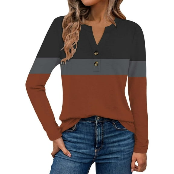 Pxiakgy Women's Fall Henley Tops Notch V Neck Tunic Button Up Shirt Long Sleeve Color Block Loose Blouse Winter Dressy Sweatshirt Fashion Casual Long Sleeve Button Tops Shirts Blouses Tops Green M