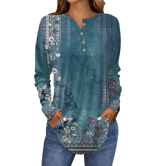 Pxiakgy Women's Fall Long Sleeve Henley Tops V Neck Tunic Casual Loose Blouse Winter Sweatshirt Long Sleeve Tops for Women Neck Casual Petite T Shirts Blue L
