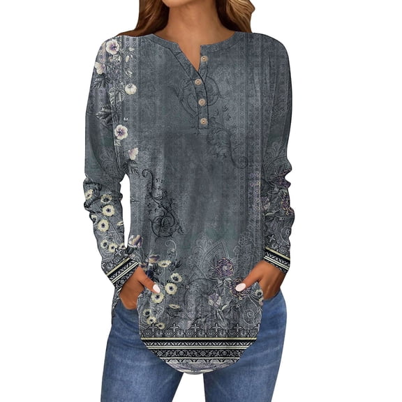 Pxiakgy Women's Fall Long Sleeve Henley Tops V Neck Tunic Casual Loose Blouse Winter Sweatshirt Long Sleeve Tops for Women Neck Casual Petite T Shirts Grey Xl