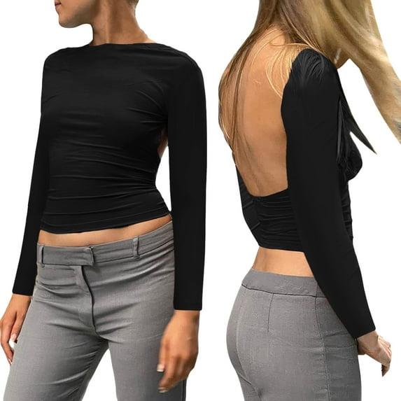 Pxiakgy Women's Fashion Solid Backless T Shirts Crop Top Casual Short Sleeve Short Top Black + M