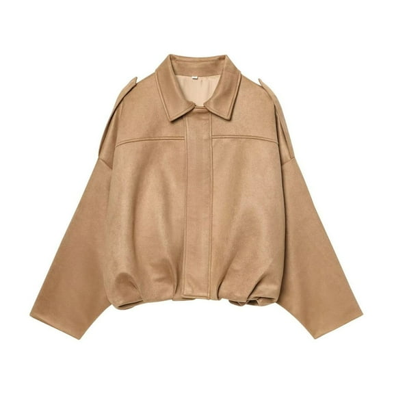 Pxiakgy Women's Faux Suede Bomber Jacket Spring Lapel Pilot Coat Casual Oversized Long Sleeves Trendy Streetwear Outerwear Oversized Suede Jacket with Shoulder Collared Neck Zip Up Coat Khaki L