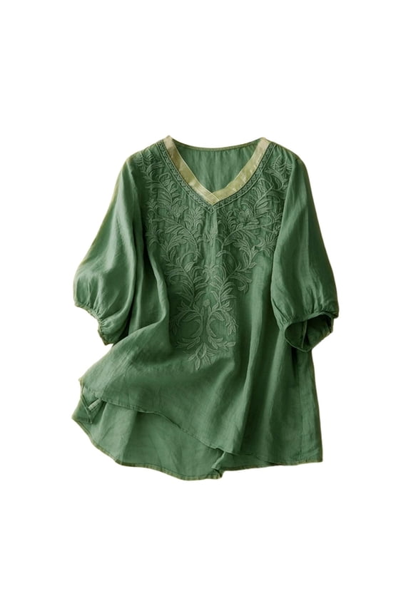 Women's Floral Embroidery Linen Shirts Embroidered Tops for Cotton Linen Tshirt Tee 3/4 Sleeve V Neck Button Ethnic 3/4 Sleeve Round Neck Babydoll Tops Blouses Linen Tops for Women Green 3Xl