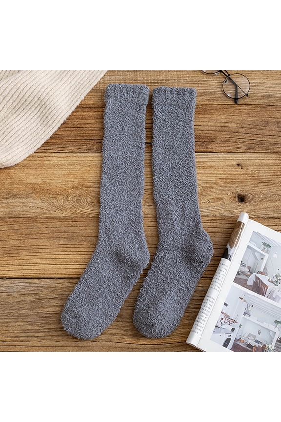 Women's Fuzzy Knee High Socks,Soft Home Plush Sleeping Slipper Socks,Warm Winter Novelty Socks Unisex Women Fuzzy Socks Winter Coral Socks Middle Cute Solid Calf Socks Dark Grey One Size