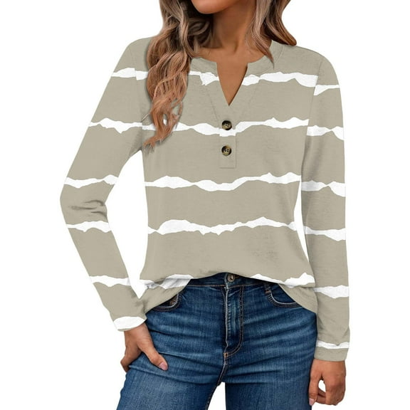Pxiakgy Women's Henley Striped Shirts V Neck Long Sleeve Tunic Top Button Up Blouse Shirt Casual Loose Top Tees Women Fashion Casual Long Sleeve Button Tops Shirts Blouses Tops Khaki Xl