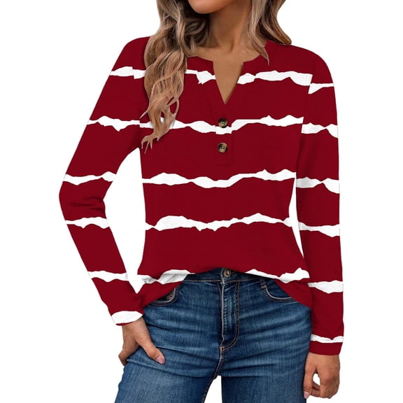Pxiakgy Women's Henley Striped Shirts V Neck Long Sleeve Tunic Top Button Up Blouse Shirt Casual Loose Top Tees Women Fashion Casual Long Sleeve Button Tops Shirts Blouses Tops Red M