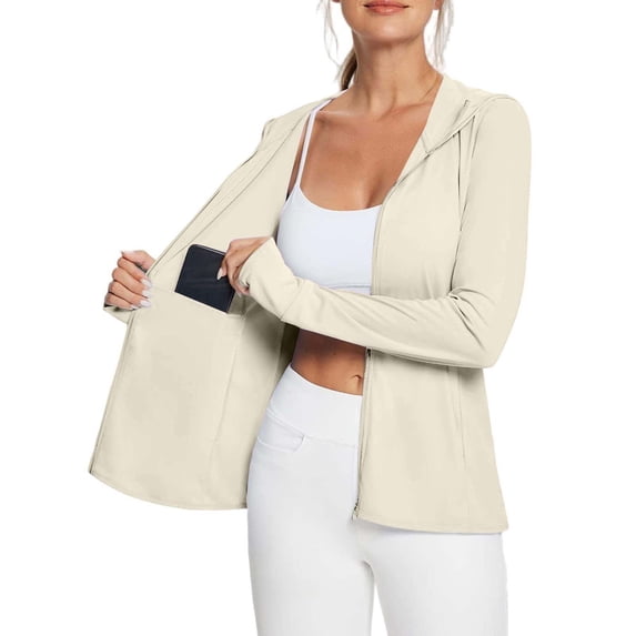 Pxiakgy Women's Lightweight Zip Up Hoodies Stretch Thin Summer Jackets for Women Upf 50+ Sun Protection Uv Shirt Long Sleeves Hooded Sun Shirt for Outdoor Sport Beige L