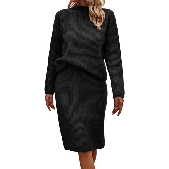 Pxiakgy Women's Long Sleeve Fashion Half High Neck Sweater Short Skirt Solid Color Knitted Set Black   M