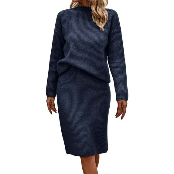 Pxiakgy Women's Long Sleeve Fashion Half High Neck Sweater Short Skirt Solid Color Knitted Set Navy + XL