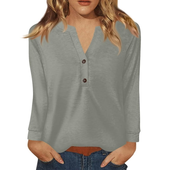 Pxiakgy Women's Long Sleeve Henley Tops V Neck Business Casual Work T Shirts Button Down Shirts 2025 Fall Outfits Fashion Clothes Long Sleeve Tops 2025 Autumn Womens Neck T Shirts Shirts Uk Grey L