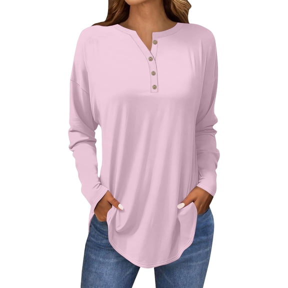 Pxiakgy Women's Long Sleeve Shirts 2025 Fall Henley Business Casual Tops Cute T-Shirts Work Blouses Outfits Vacation Clothes Long Sleeve Tops for Women Neck Casual Petite T Shirts Pink M