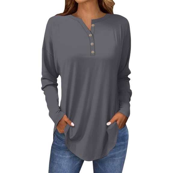 Pxiakgy Women's Long Sleeve Shirts 2025 Fall Henley Business Casual Tops Cute T-Shirts Work Blouses Outfits Vacation Clothes Long Sleeve Tops for Women Neck Casual Petite T Shirts Dark Grey M