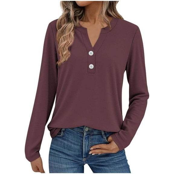 Pxiakgy Women's Long Sleeve Shirts Business Casual Outfits Dressy Tops Blouses Henley V Neck Fall Clothes Women Fashion Casual Long Sleeve Button Tops Shirts Blouses Tops Hot Pink L