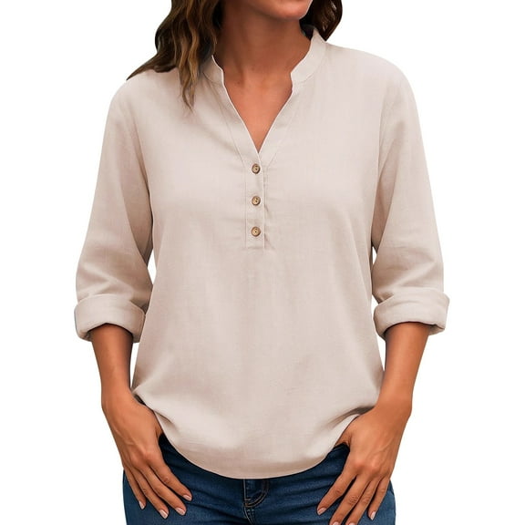 Pxiakgy Women's Long Sleeve Tops Henley Shirts Casual Trendy Button T Shirts 2025 Summer Basic Tunic Ladies' Autumn and Winter Fashionable Casual V Neck Button Loose Long Sleeved Shirt Top Beige Xxl