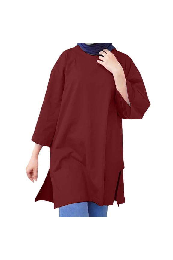 Women's Muslim Islamic Long Shirts Oversized Tunic Tops Arabian Afghan Dubai Modest Madrassa Loose Blouses Autumn New Muslim Stand Up Collar Button Solid Color Long Sleeved Shirt Red Xxl