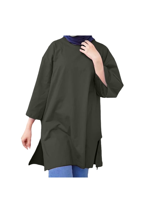 Women's Muslim Islamic Long Shirts Oversized Tunic Tops Arabian Afghan Dubai Modest Madrassa Loose Blouses Autumn New Muslim Stand Up Collar Button Solid Color Long Sleeved Shirt Green Xxl