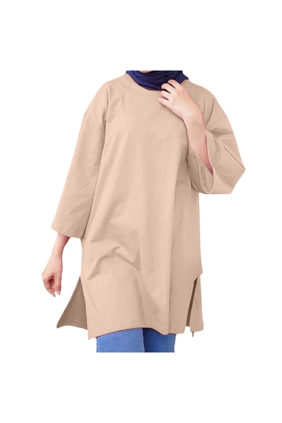 Women's Muslim Islamic Long Shirts Oversized Tunic Tops Arabian Afghan Dubai Modest Madrassa Loose Blouses Autumn New Muslim Stand Up Collar Button Solid Color Long Sleeved Shirt Beige 4Xl