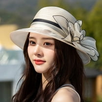 Pxiakgy Women's Organza Church Derby Hat Wide Brim Sun Hats for Wedding Tea Party Fascinator Hat Women Fascinator Lady Tea Party Church Wedding Bridal Flower Hat Beige One Size