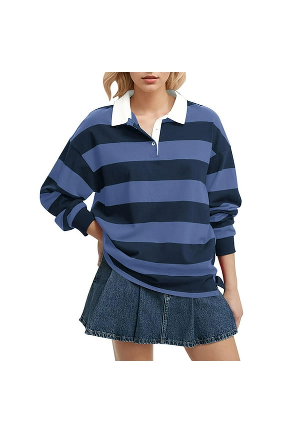Women's Oversized Striped Polo Sweatshirt Long Sleeve V Neck Lapel Collared Polo Shirts 2025 Fall Fashion Clothing Striped Sweatshirt Rugby Collared Pullover Tops Loose Fit Shirt Blue S