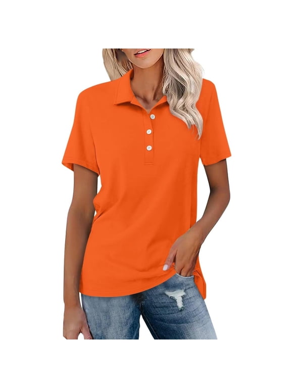 Women's Polo Shirts Cotton 3-Button Short Sleeve Collared Tops Summer Cool Shirt Uniform Casual Shirts Women's Short Sleeve Shirts Summer Down Collared Tops Casual Loose Tees Orange Xl