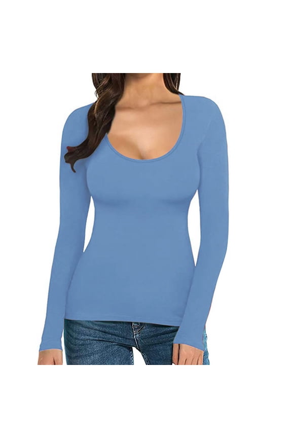 Women's Scoop U Neck U Back Reversible Long Sleeve Soft Stretch Layer Tee Shirts Women's T Shirt Solid Color Low U Neck Slim Bottom Long Sleeved Top Blue L