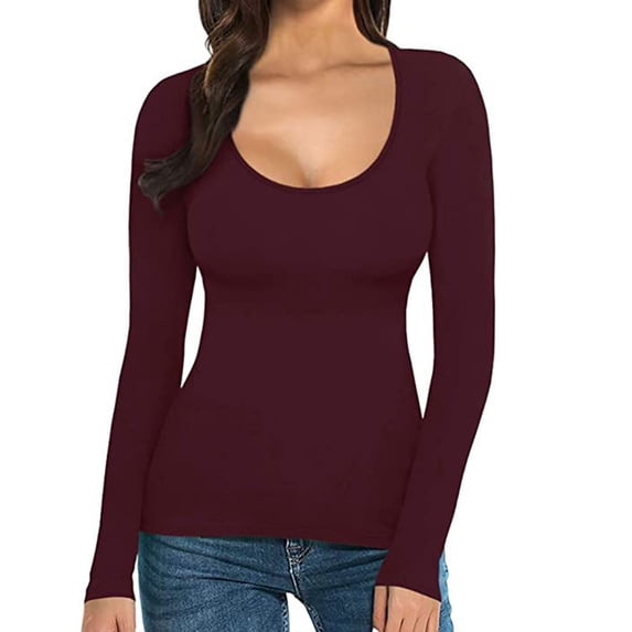 Pxiakgy Women's Scoop U Neck U Back Reversible Long Sleeve Soft Stretch Layer Tee Shirts Women's T Shirt Solid Color Low U Neck Slim Bottom Long Sleeved Top Wine Xl