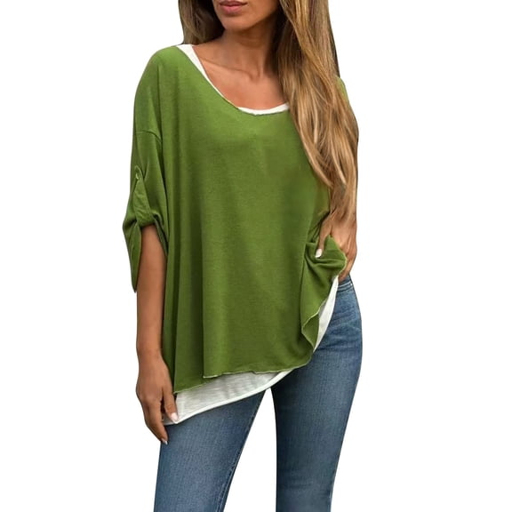 Pxiakgy Women's Off The Shoulder Color Block Long Sleeve Tee Shirt Casual Going Out Top Ladies' Autumn Fashion Solid Color Casual Comfortable Loose Long Sleeved Two Piece Top Green L