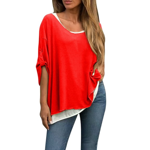Pxiakgy Women's Off The Shoulder Color Block Long Sleeve Tee Shirt Casual Going Out Top Ladies' Autumn Fashion Solid Color Casual Comfortable Loose Long Sleeved Two Piece Top Red S