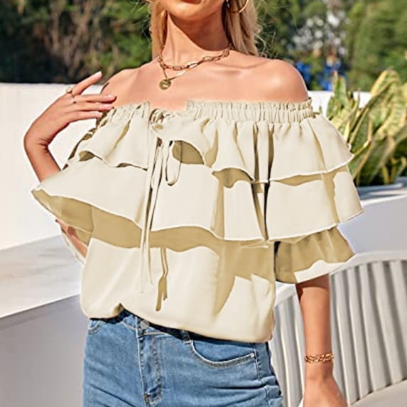 Pxiakgy Women's Off Shoulder Ruffle Trendy Summer Fashion Long Sleeve Blouse Dressy Casual Outfits Layered Tops Womens Off Shoulder Ruffle Long Sleeve Blouses Casual Layered Tops Khaki M