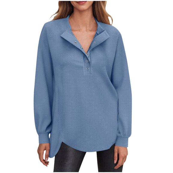 Pxiakgy Women's Snap Button Up Sweatshirt Long Sleeve Tunic Henley Tops Loose Slit Casual Pullover Fall Winter Outfits Sweatshirt Loose Slit Casual Pullover Fall Winter Outfits Blue S